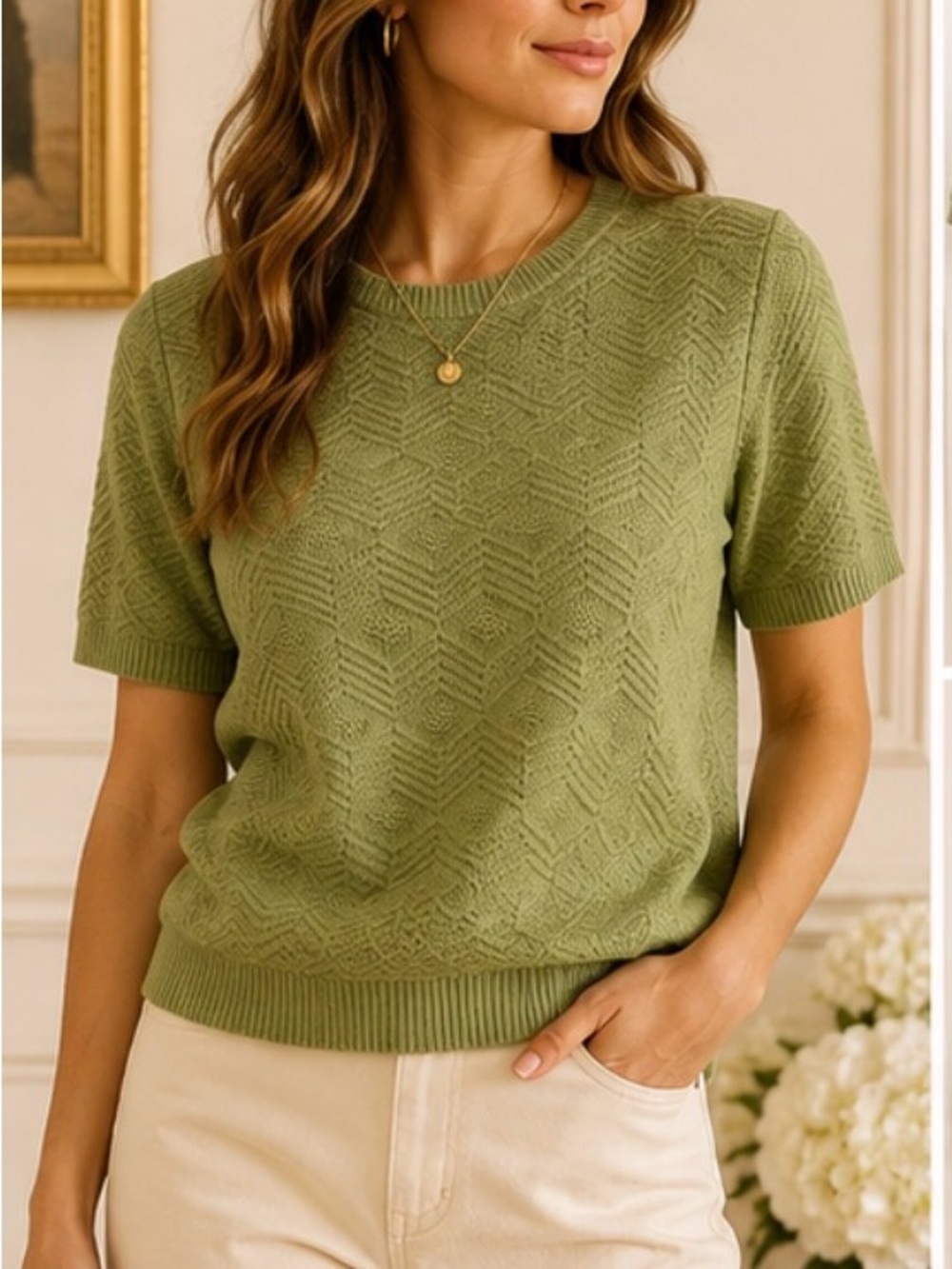 Alfred Dunner Olive Knit Short-Sleeve Sweater Top